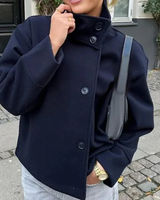 High-Neck Cropped Wool Coat for Women - Navy Blue