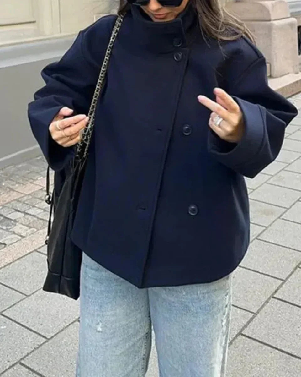 High-Neck Cropped Wool Coat for Women