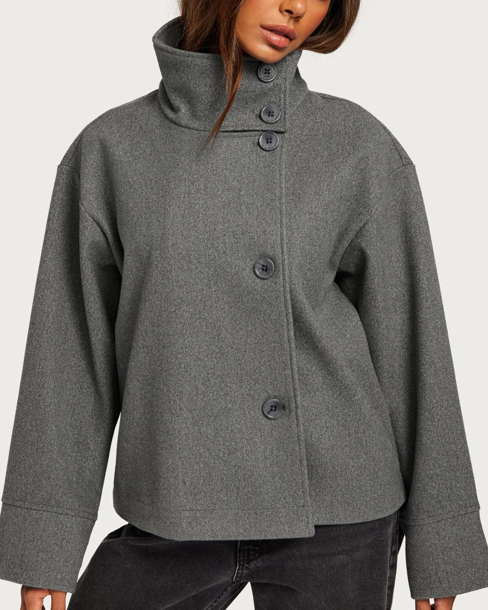 High-Neck Cropped Wool Coat for Women - Gray