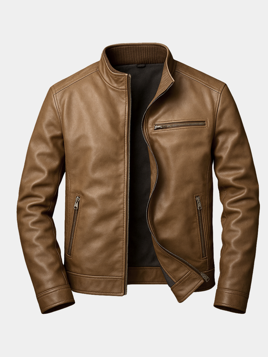 Leather Zip-Up Jacket with Ribbed Collar for Men