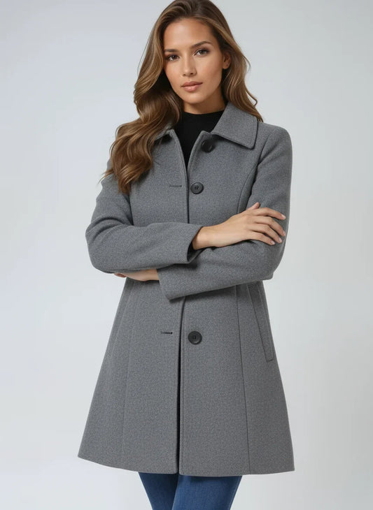 Wool Fit-and-Flare Trench Coat with Notch Lapel for Women - Gray
