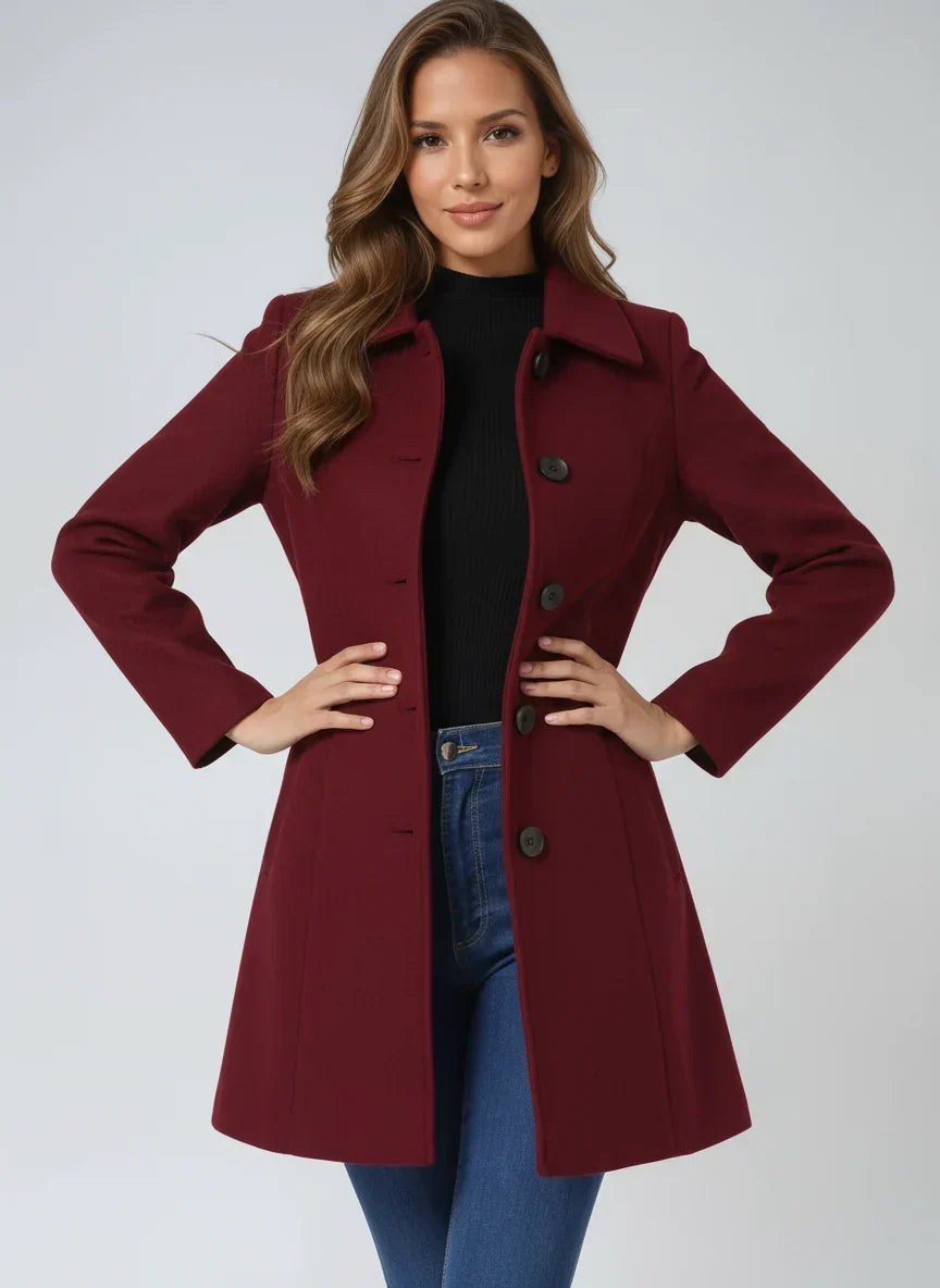 Wool Fit-and-Flare Trench Coat with Notch Lapel for Women - Dark Red