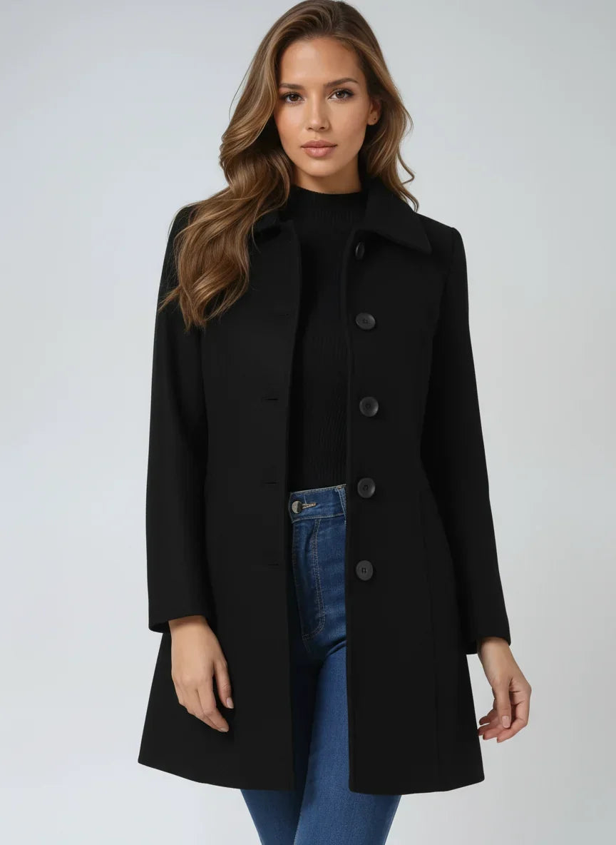 Wool Fit-and-Flare Trench Coat with Notch Lapel for Women - Black