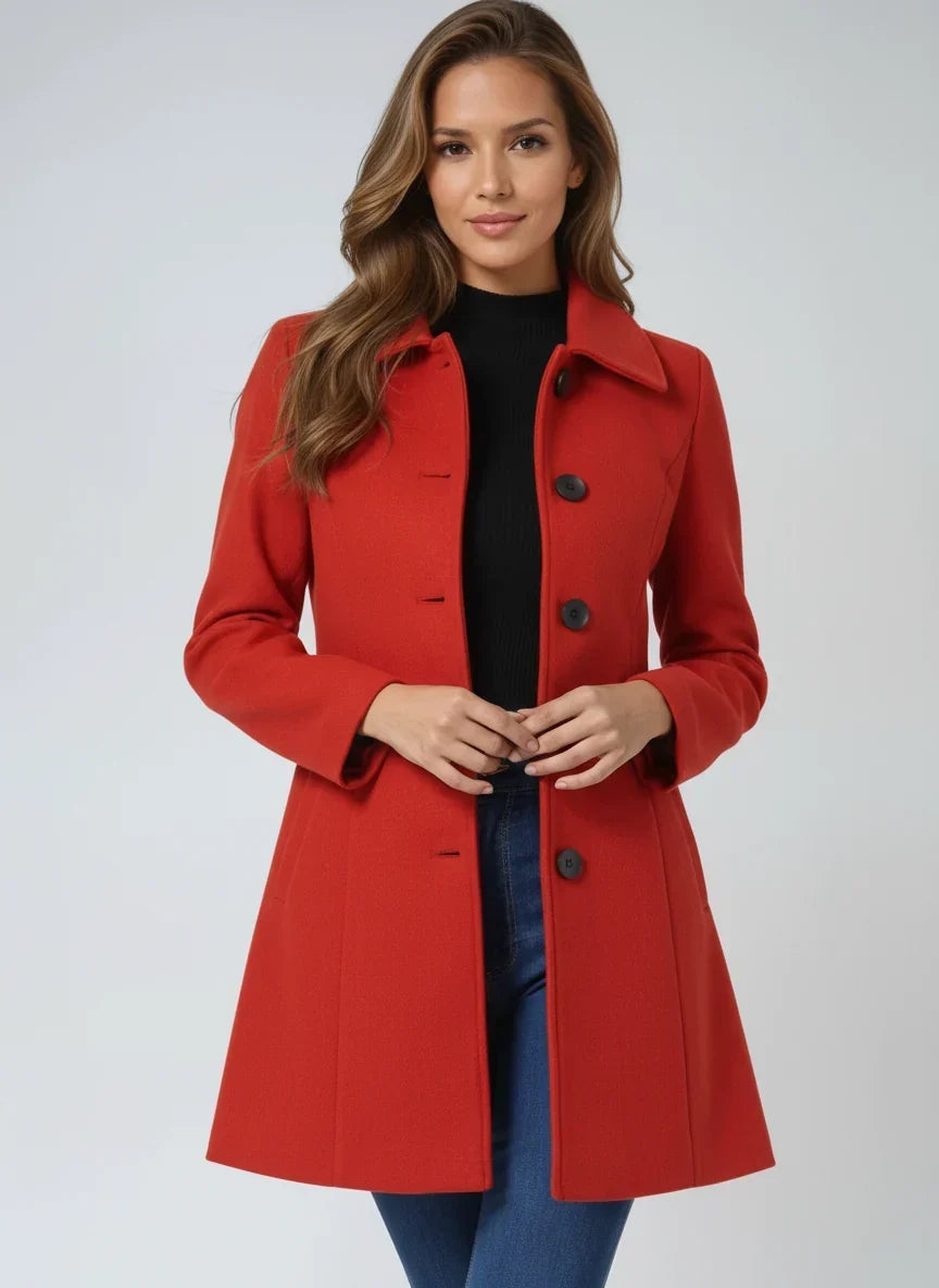 Wool Fit-and-Flare Trench Coat with Notch Lapel for Women - Red