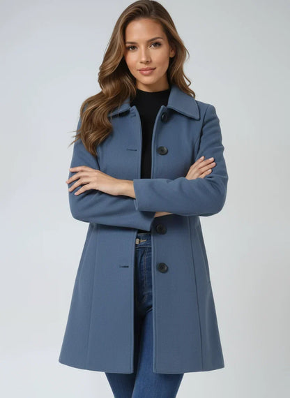 Wool Fit-and-Flare Trench Coat with Notch Lapel for Women - Blue
