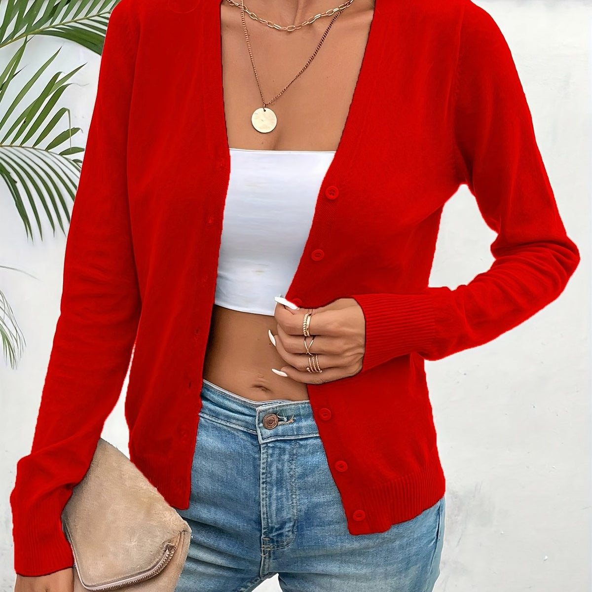 V-Neck Ribbed Everyday Cardigan - Red