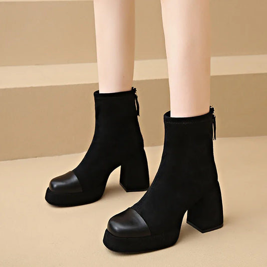 Black Suede Platform Ankle Boots for Women - Black