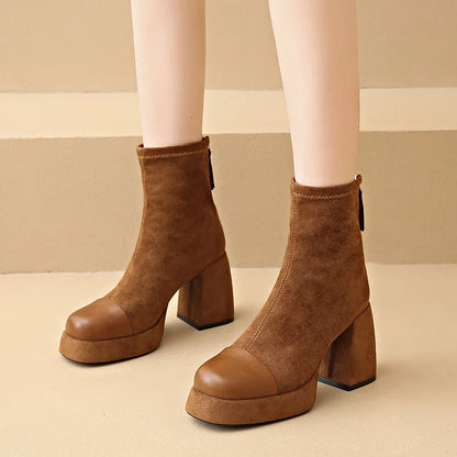 Black Suede Platform Ankle Boots for Women - Brown