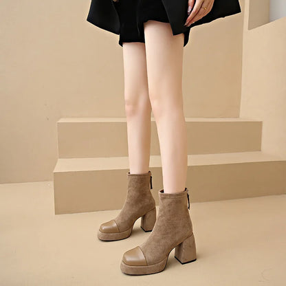 Black Suede Platform Ankle Boots for Women - Apricot