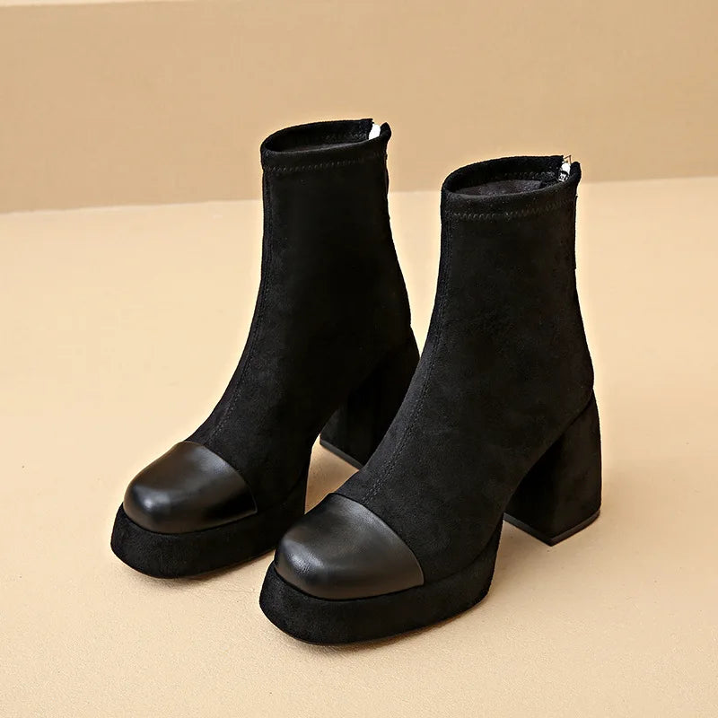 Black Suede Platform Ankle Boots for Women