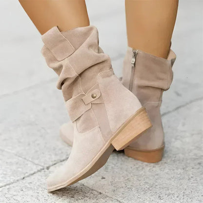 Suede Slouchy Ankle Boots with Buckle Detail for Women - Beige