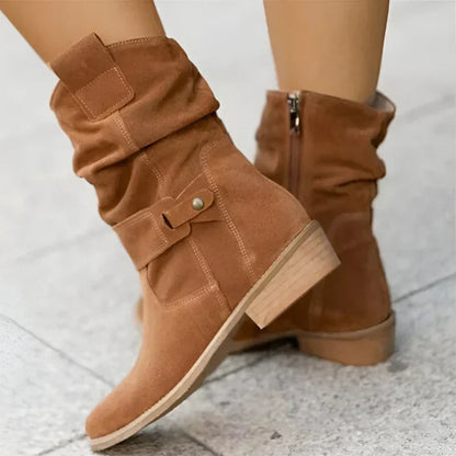 Suede Slouchy Ankle Boots with Buckle Detail for Women - Brown