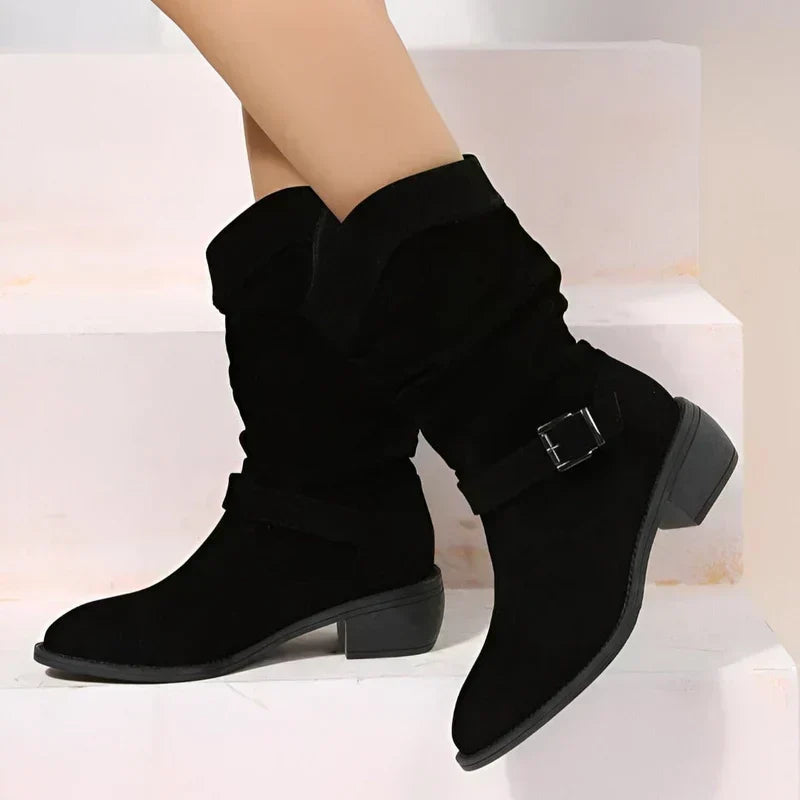 Suede Slouchy Ankle Boots with Buckle Detail for Women - Black