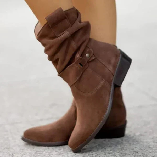 Suede Slouchy Ankle Boots with Buckle Detail for Women - Dark Brown