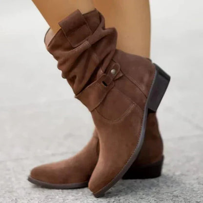 Suede Slouchy Ankle Boots with Buckle Detail for Women - Dark Brown