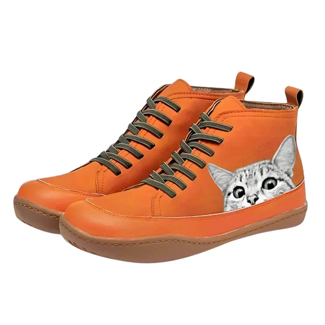 Leather Lace-Up Flat Ankle Boots for Women - Orange