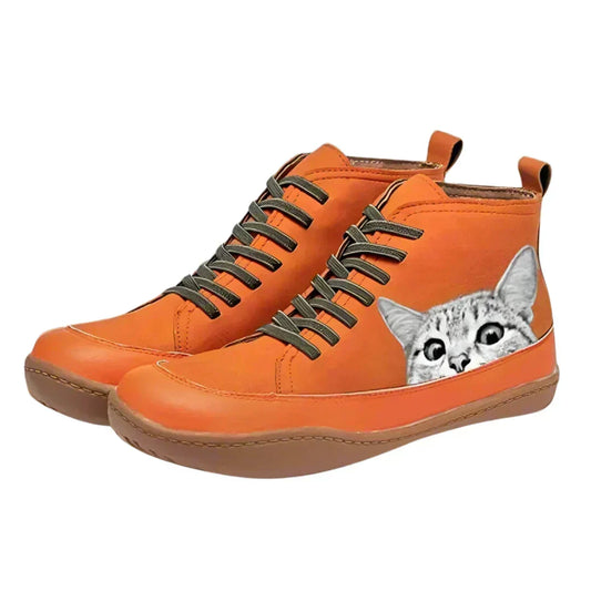 Leather Lace-Up Flat Ankle Boots for Women - Orange