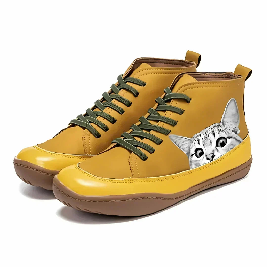 Leather Lace-Up Flat Ankle Boots for Women - Yellow