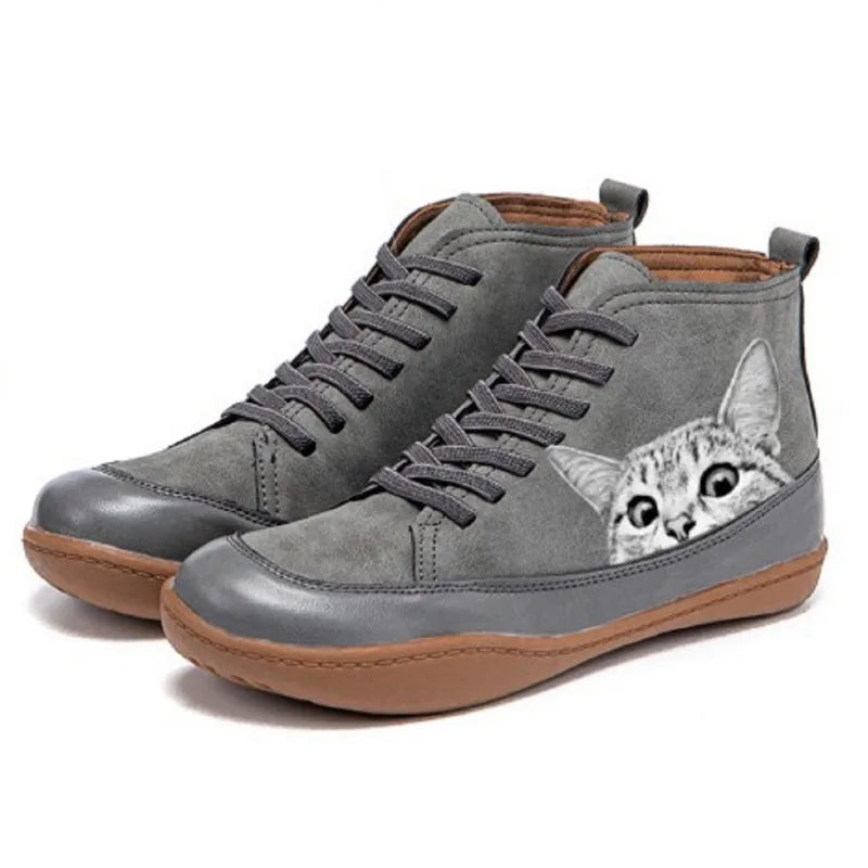 Leather Lace-Up Flat Ankle Boots for Women - Gray