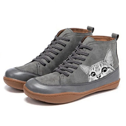 Leather Lace-Up Flat Ankle Boots for Women - Gray