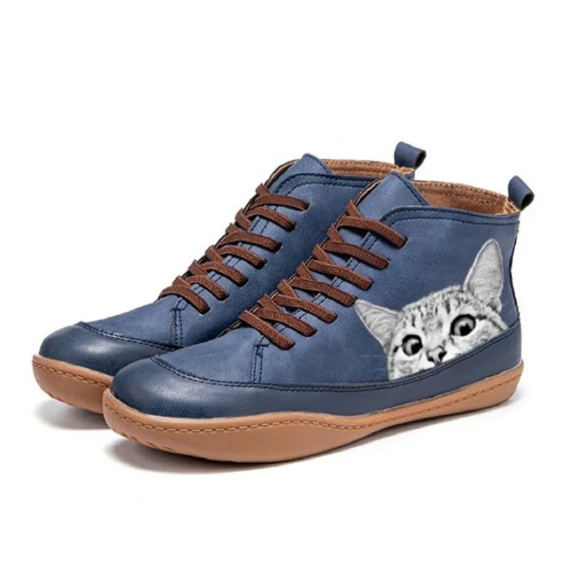 Leather Lace-Up Flat Ankle Boots for Women - Blue