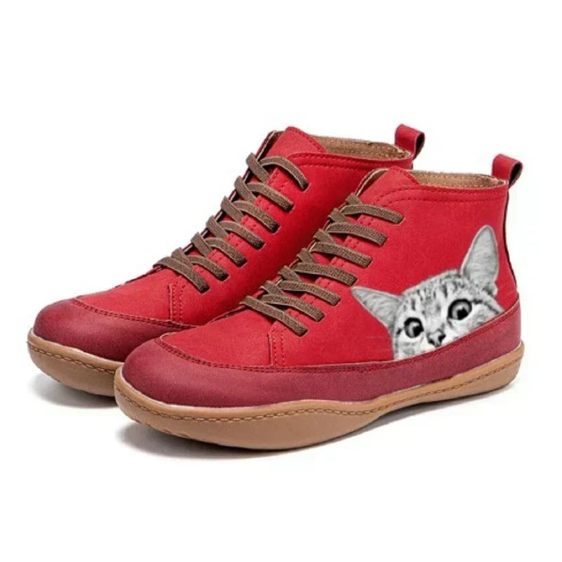 Leather Lace-Up Flat Ankle Boots for Women - Red