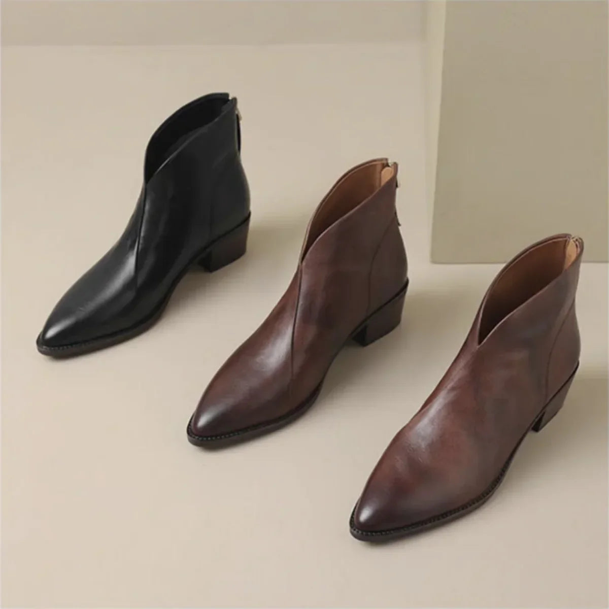 Leather Pointed-Toe Ankle Boots with Side Zip for Women