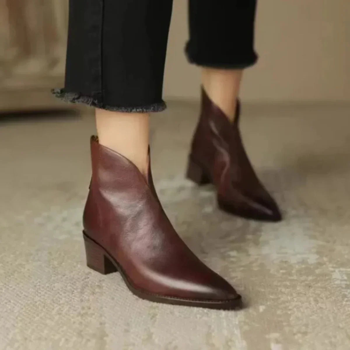 Leather Pointed-Toe Ankle Boots with Side Zip for Women - Brown