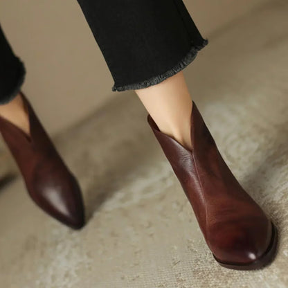 Leather Pointed-Toe Ankle Boots with Side Zip for Women