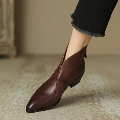 Leather Pointed-Toe Ankle Boots with Side Zip for Women