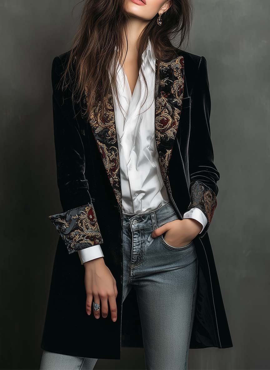 Black Baroque Print Lapel Slim Fit Blazer for Women