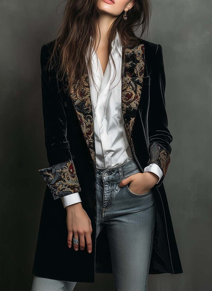 Black Baroque Print Lapel Slim Fit Blazer for Women