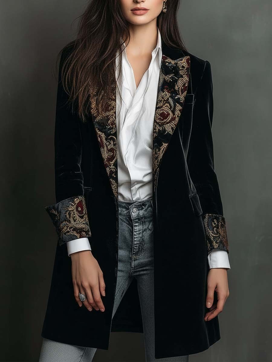 Black Baroque Print Lapel Slim Fit Blazer for Women