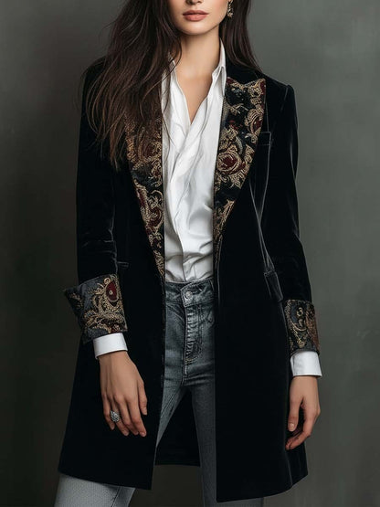 Black Baroque Print Lapel Slim Fit Blazer for Women