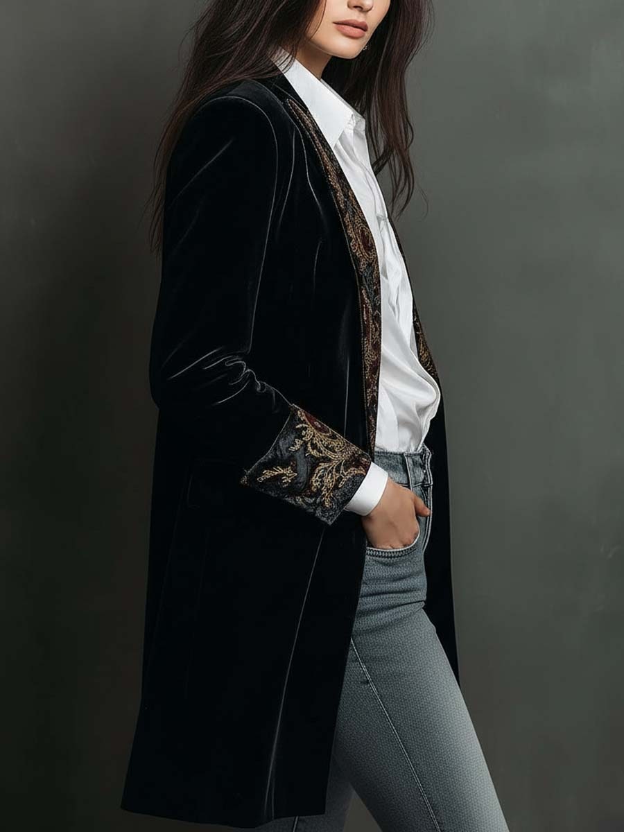 Black Baroque Print Lapel Slim Fit Blazer for Women