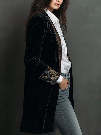 Black Baroque Print Lapel Slim Fit Blazer for Women