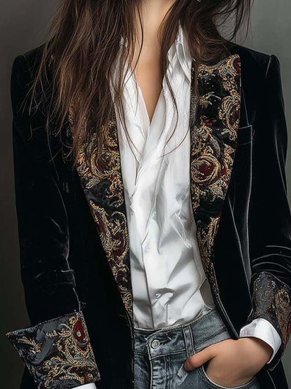 Black Baroque Print Lapel Slim Fit Blazer for Women