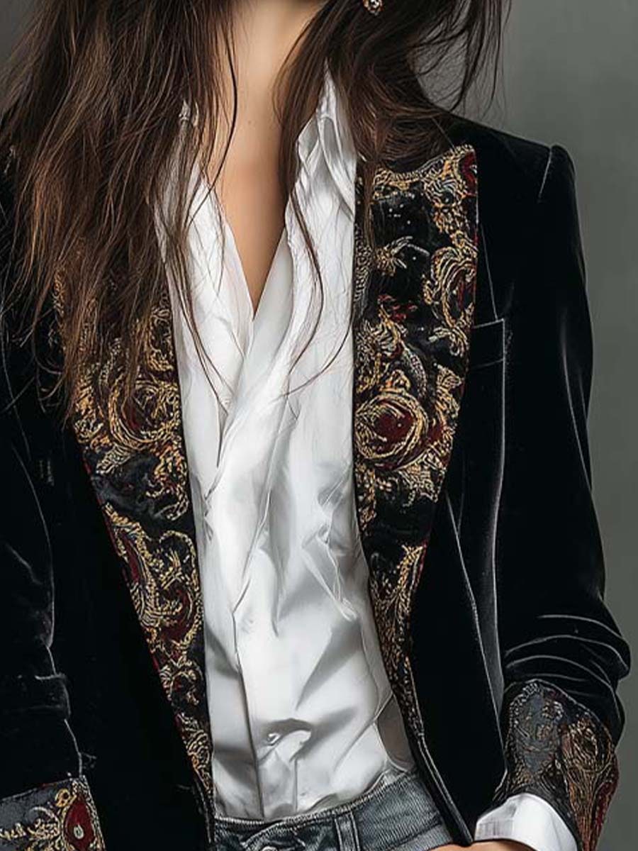Black Baroque Print Lapel Slim Fit Blazer for Women
