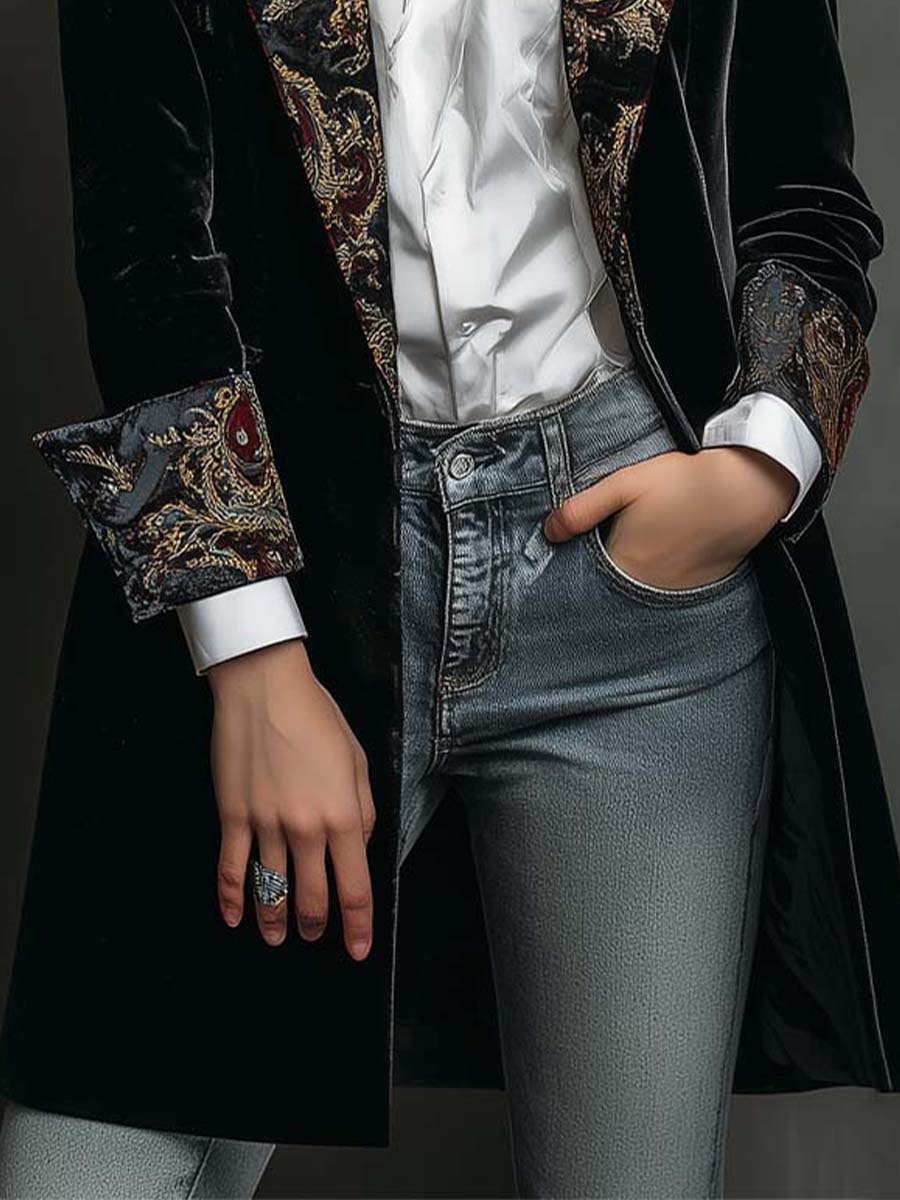 Black Baroque Print Lapel Slim Fit Blazer for Women