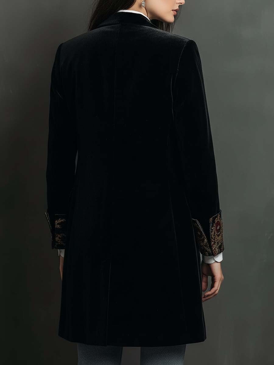Black Baroque Print Lapel Slim Fit Blazer for Women