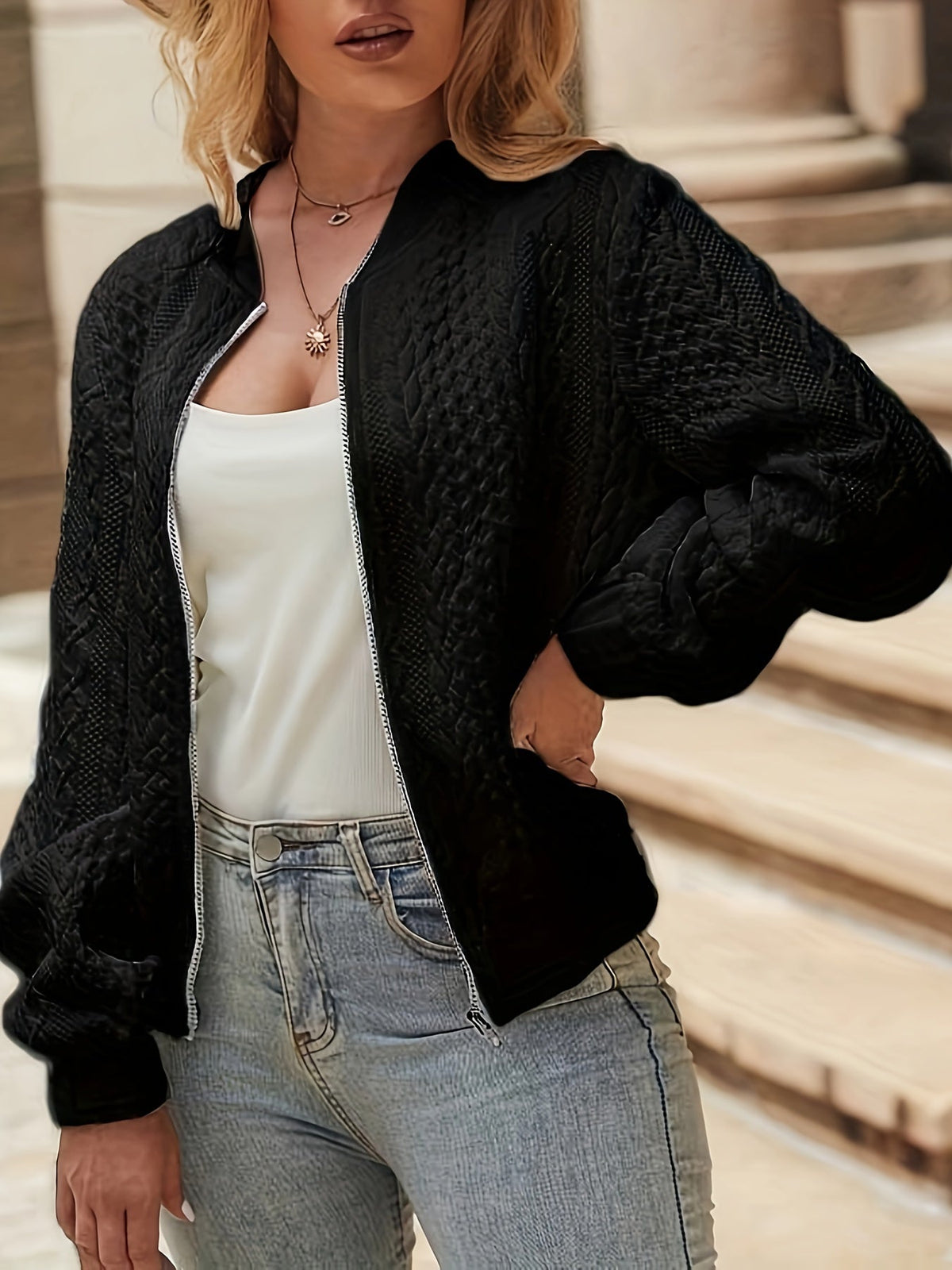 High-Neck Oversized Zip-Up Bomber Jacket for Women