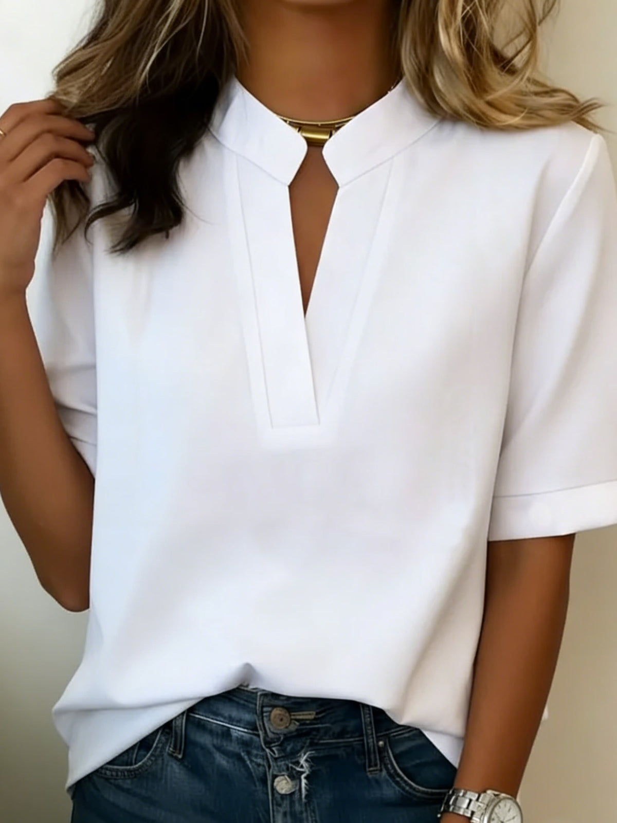 Blouse with V-Neck for Women - White