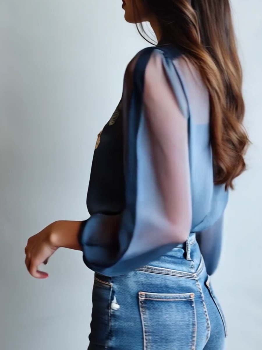 Blue Floral Boho Blouse for Women