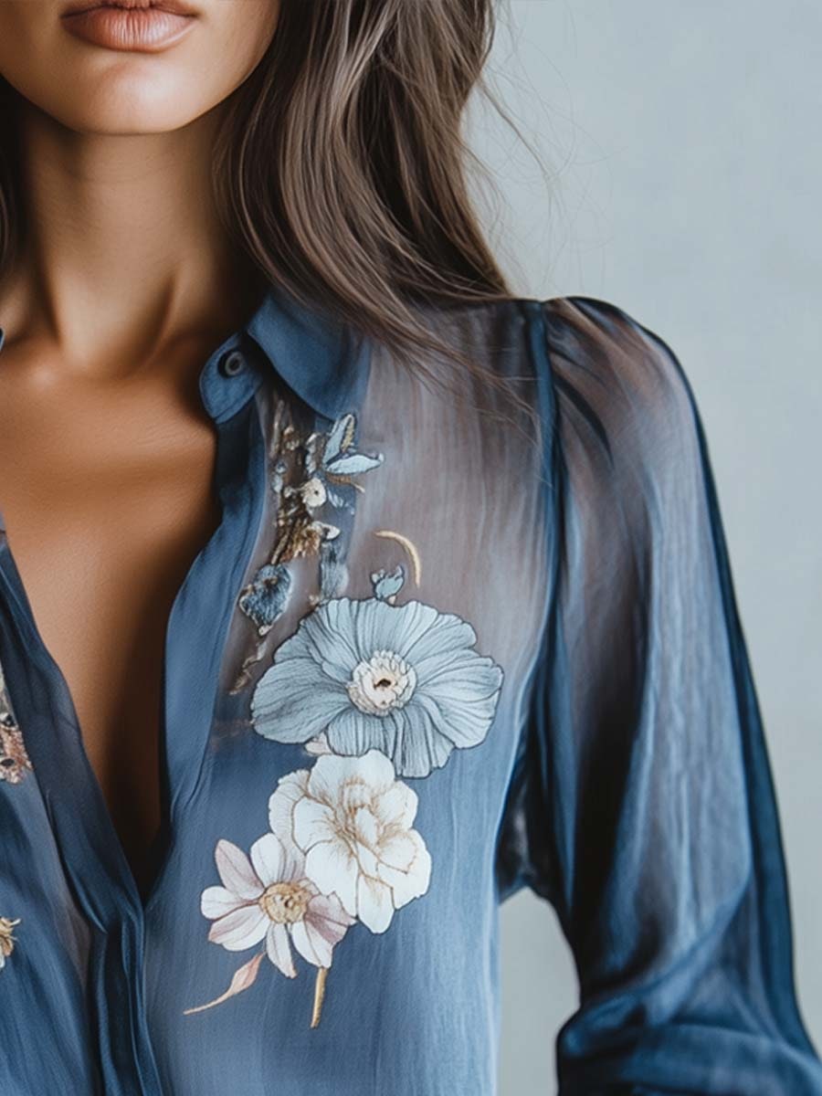Blue Floral Boho Blouse for Women