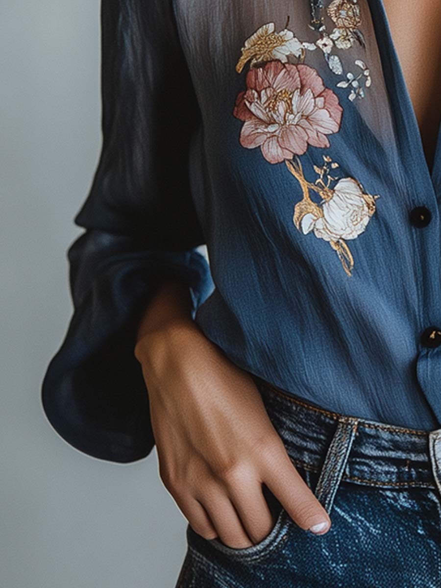 Blue Floral Boho Blouse for Women