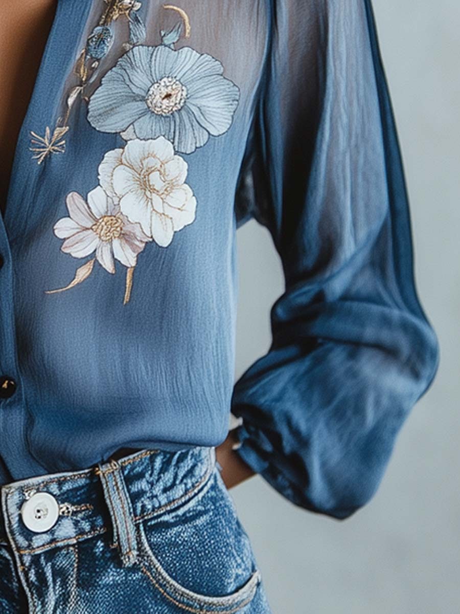 Blue Floral Boho Blouse for Women