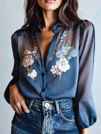 Blue Floral Boho Blouse for Women