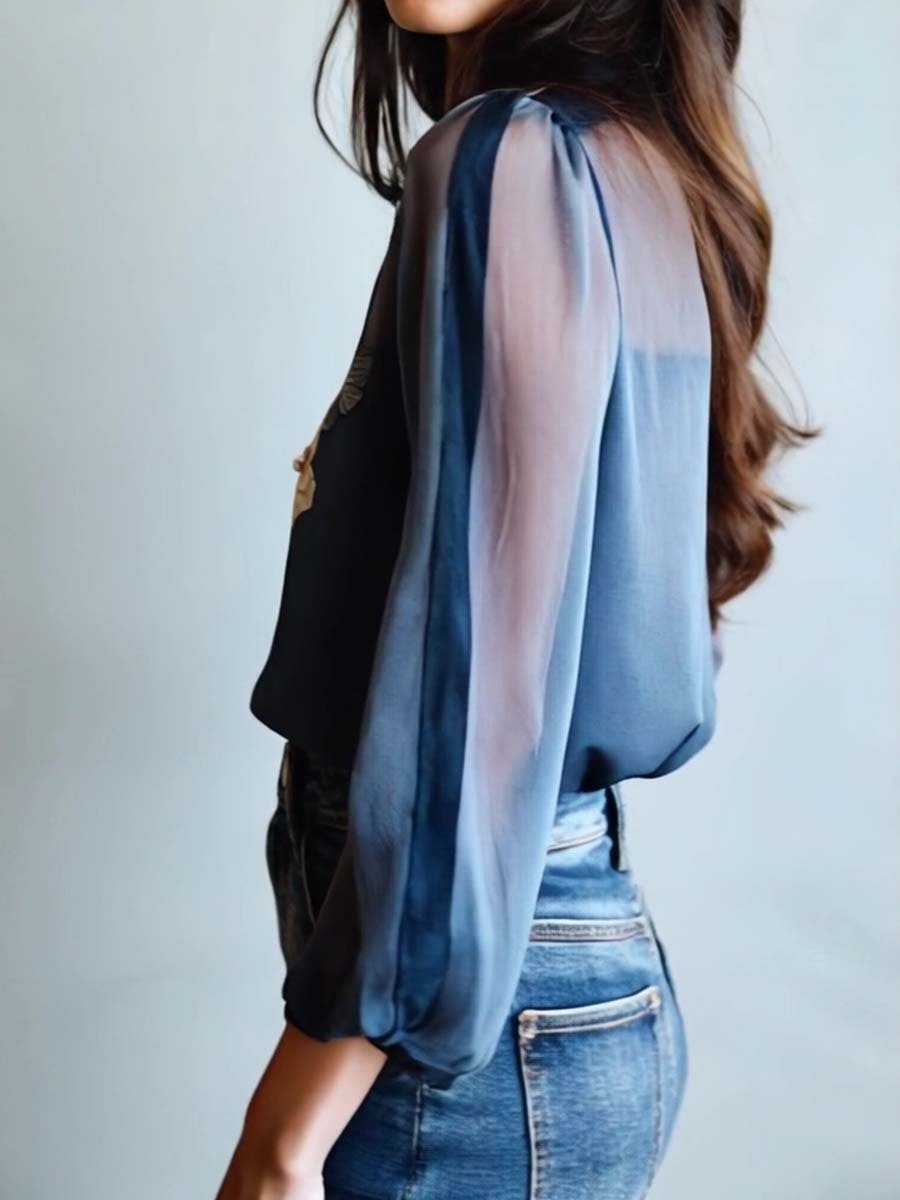 Blue Floral Boho Blouse for Women