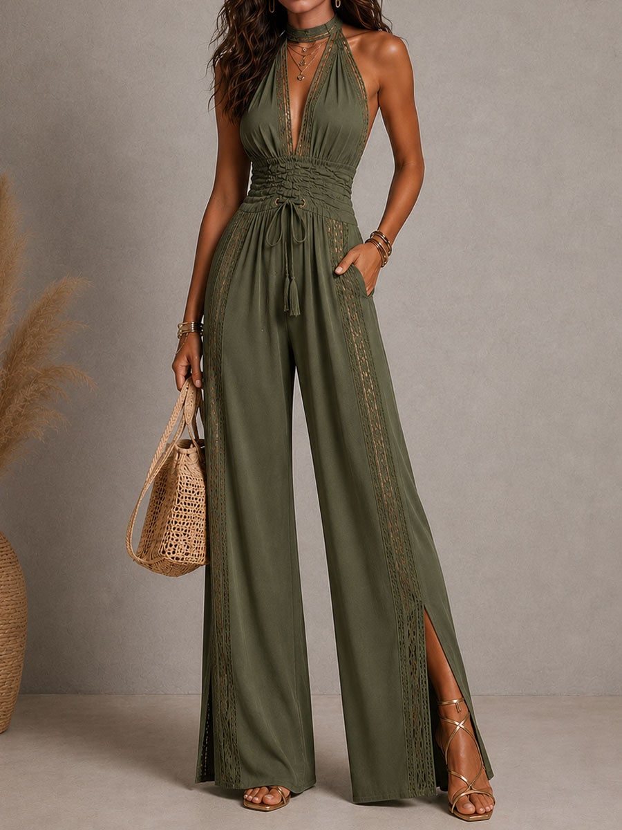 Boho Lace Panel Smocked Waist Wide Leg One-Piece Jumpsuit for Women - Dusty Sage
