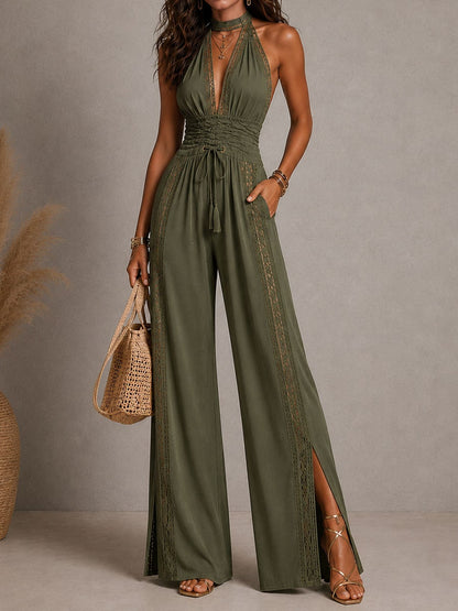 Boho Lace Panel Smocked Waist Wide Leg One-Piece Jumpsuit for Women - Dusty Sage